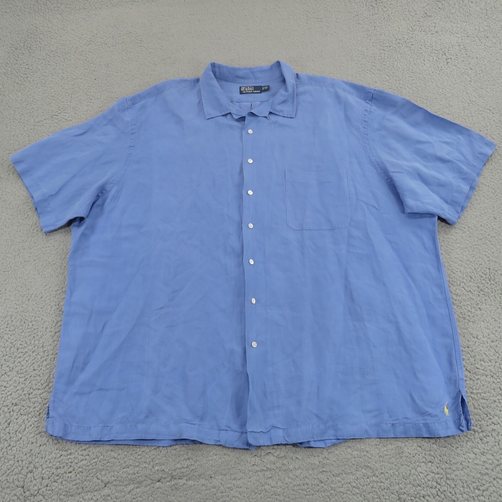 VTG Polo Ralph Lauren Shirt Men 4XLT Silk Linen Loop Camp Collar Yellow Pony 4XL